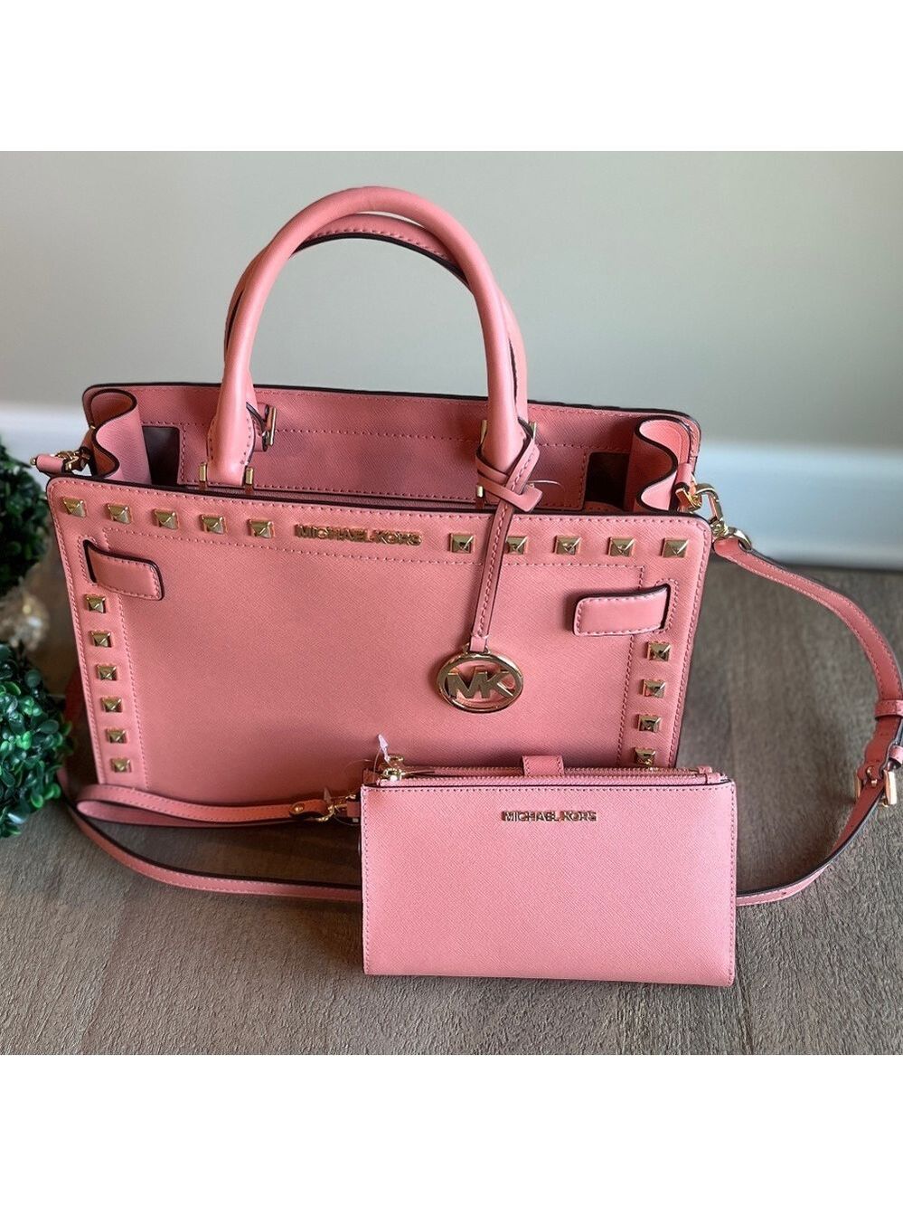 NWT Michael Kors studded rayne leather satchel PINK with matching Wallet